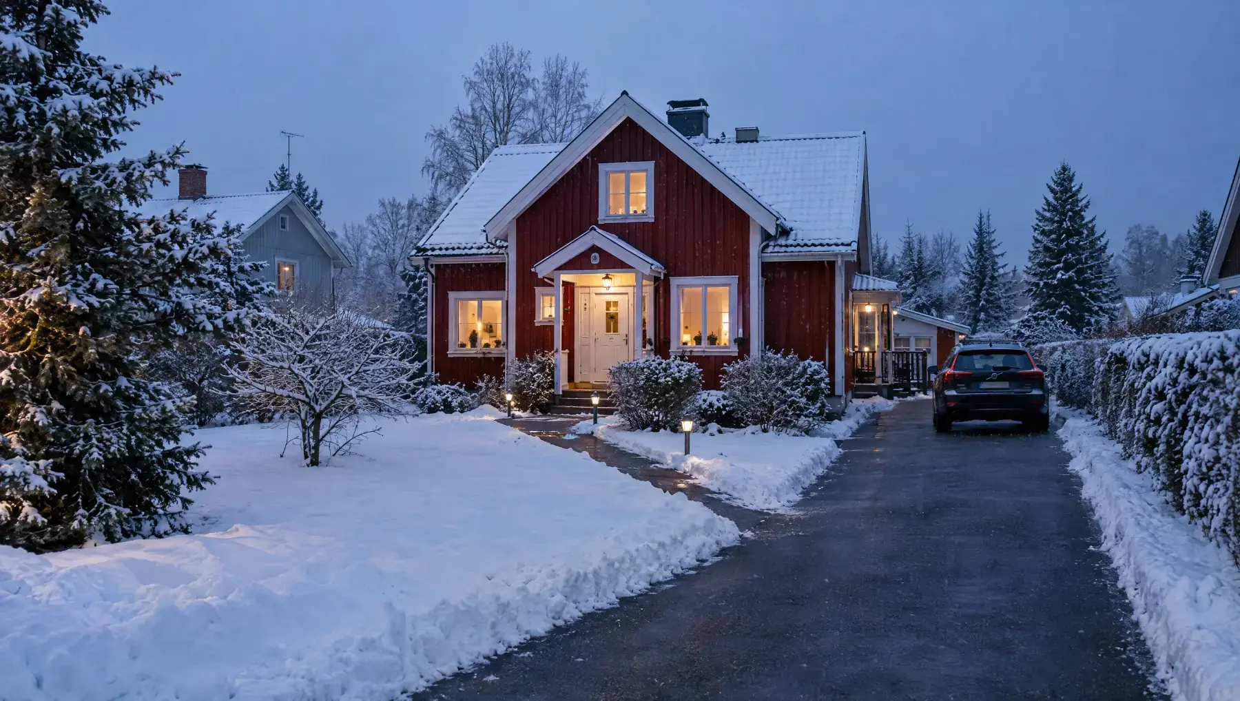 Nyskottad uppfart framför en röd villa en vintermorgon i Uppsala